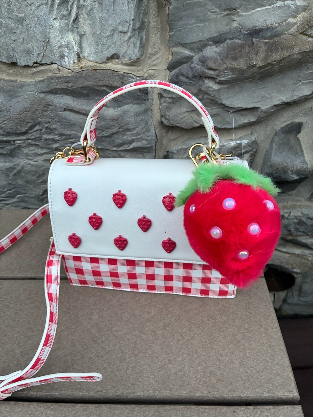 Betsey Johnson Red & White Gingham Crossbody with Strawberry Charm - Picture 2 of 3